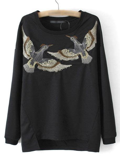 Black Dip Hem Long Sleeve Birds Embroidery Sweatshirt Embroidery