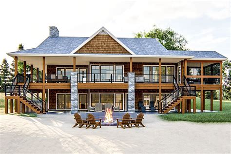 One Level Country Lake House Plan With Massive Wrap Around Deck