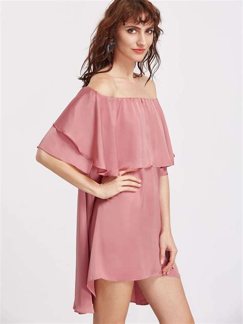 Pink Off The Shoulder High Low Ruffle Dress Sheinsheinside