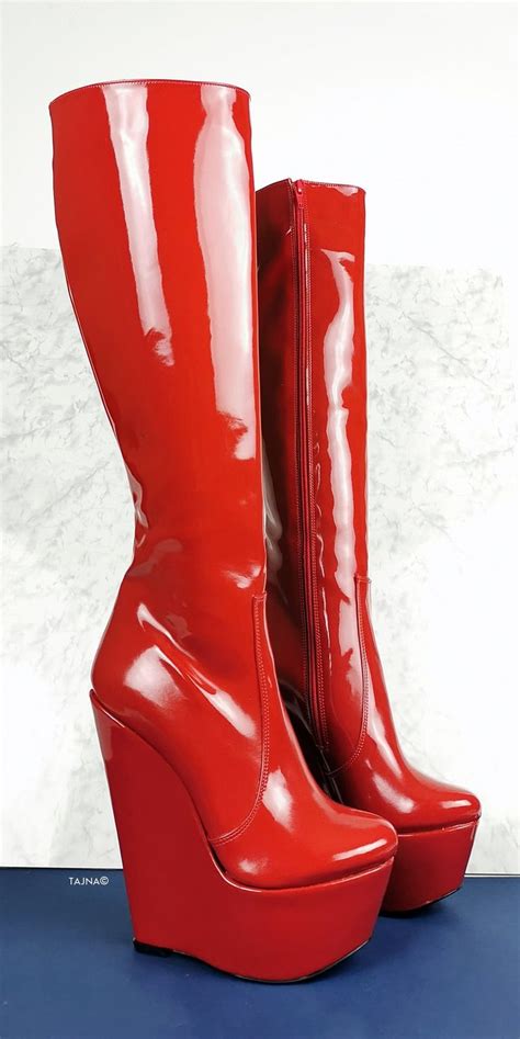 Red Patent High Heel Wedge Long Boots Patent High Heels High Heel