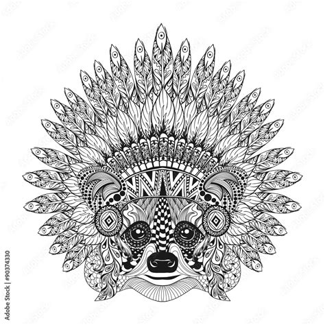 Hand Drawn Raccoon In Feathered War Bonnet In Zentangle Style H Stock