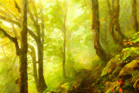 Beautiful Forest With Fog Between Trees Painting By Lanjee Chee