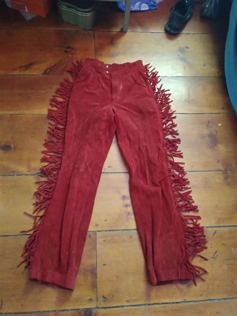 Vintage 1970s Red Suede Fringe Pant Jean Motorcycle Women 24 Etsy Uk
