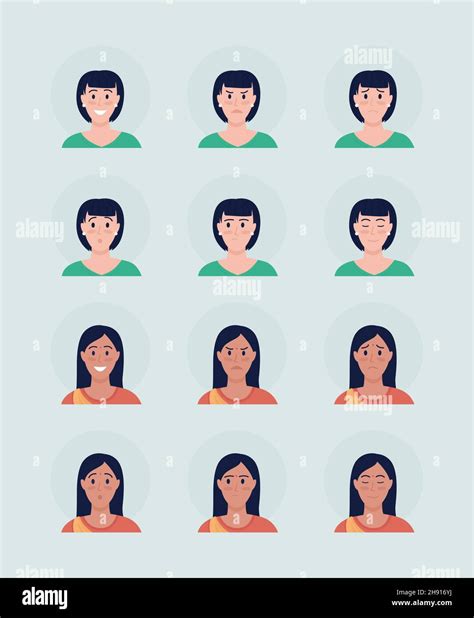 Different Women Face Expressions Semi Flat Color Vector Character Avatar Set Stock Vector Image
