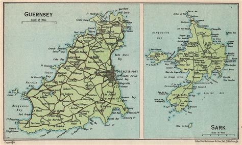 Guernsey And Sark Vintage Map Plan Channel Islands St Peter Port 1950 Old