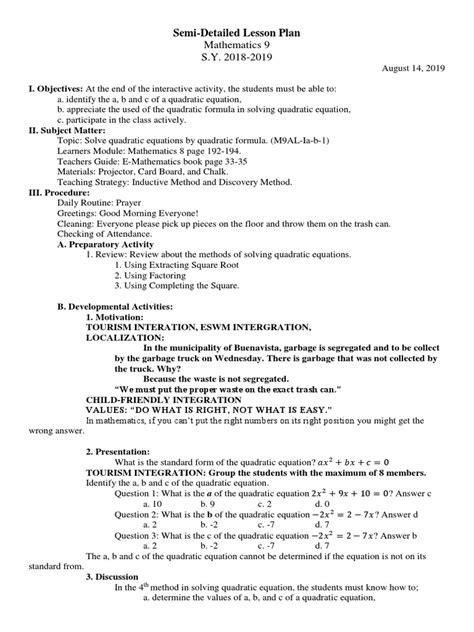 Semi Detailed Lesson Plan Grade 9 Quadratic Equation Algebra