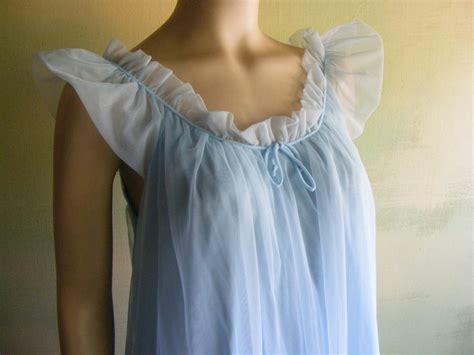 S 60s Blue Nightgown Romantic Ruffle Nylon Chiffon Baby Doll Etsy