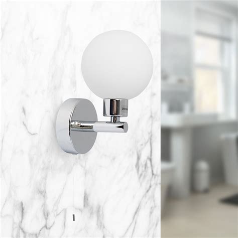 Pair Of Polished Chrome Ip44 Bathroom Globe Wall Light With Pull Cord