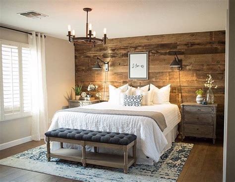 Continue to 32 of 49 below. I️'d like the feature wall but maybe in a different stain. | Farmhouse style master bedroom ...
