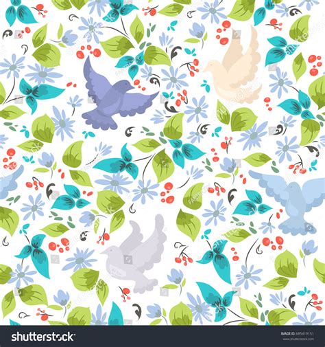 Cute Seamless Pattern Colorful Doves Flowers Stock Vector Royalty Free