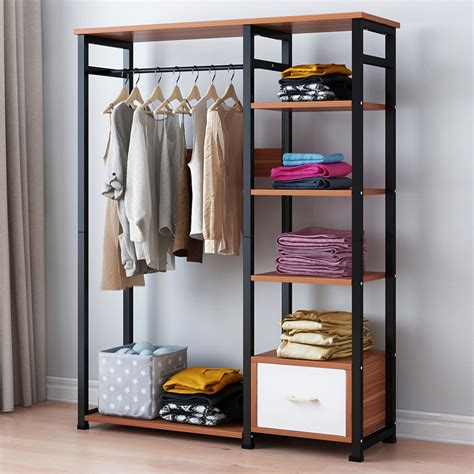 Metal Garment Rack With Wood Shelves Open Wardrobe Closet Storage