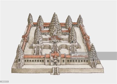 Illustration Of 12th Century Angkor Wat Temple Complex In Cambodia High