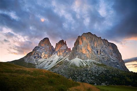 Sassolungo Mountain Range 3081m High From The Sulla Pass Between The