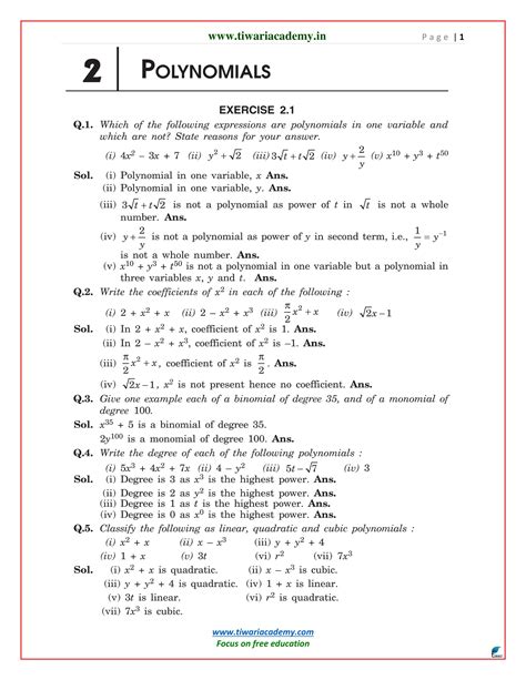 Ncert Solutions For Class 9 Maths Chapter 2 Polynomials In Pdf
