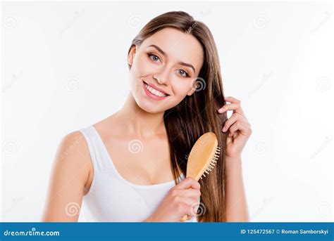 Portrait Of Adorable Pretty Woman Grooming Combing Hair Preparin Stock