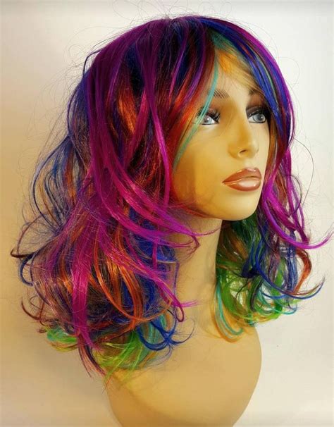 Rainbow Wig Mid Length Rainbow Wig Rainbow Bob Wig Wavy Etsy In 2021