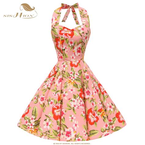 sishion pink women dress 2021 floral print retro vintage robe sexy summer swing pin up casual