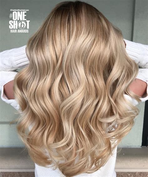 perfect honey blonde balayage hair color full head of champagne and soft blonde woven highlights