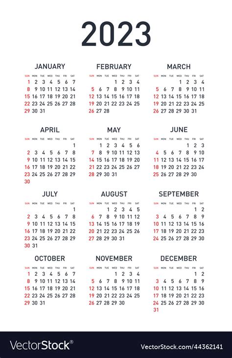 Calendar 2023 Year Week Starts From Sunday Vector Image