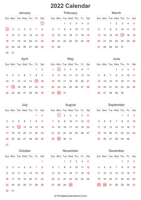 2022 Calendar With Uk Bank Holidays Highlighted Portrait Layout Cloud