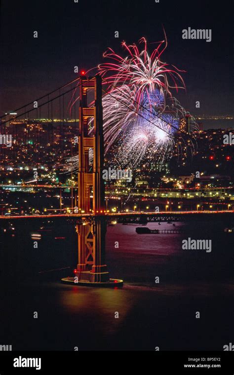 Th Of July Independence Day Fireworks Over Golden Gate Bridge San Francisco California Stock