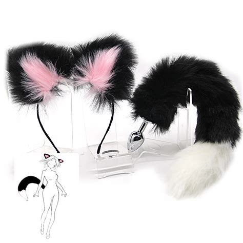 Cute Soft Cat Ears Headbands With 40cm Fox Tail Bow Metal Butt Anal