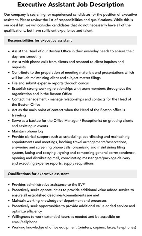 Executive Assistant Job Description Velvet Jobs