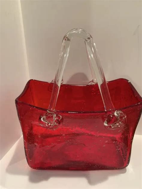 Murano Style Hand Blown Art Bubble Glass Purse Hand Bag Vase Red 9 Tall 16 00 Picclick