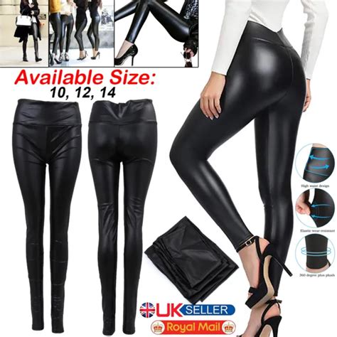 ladies black faux leather leggings wet look shiny stretchy high waist uk 6 54 picclick