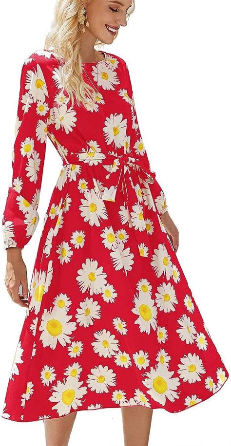 Red Pretty Daisy Print Flowy Floral Dress Waist Tie Flare Long Sleeve Dress For Women Amazon