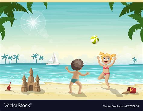 Two Kids Are Playing On The Beach Royalty Free Vector Image