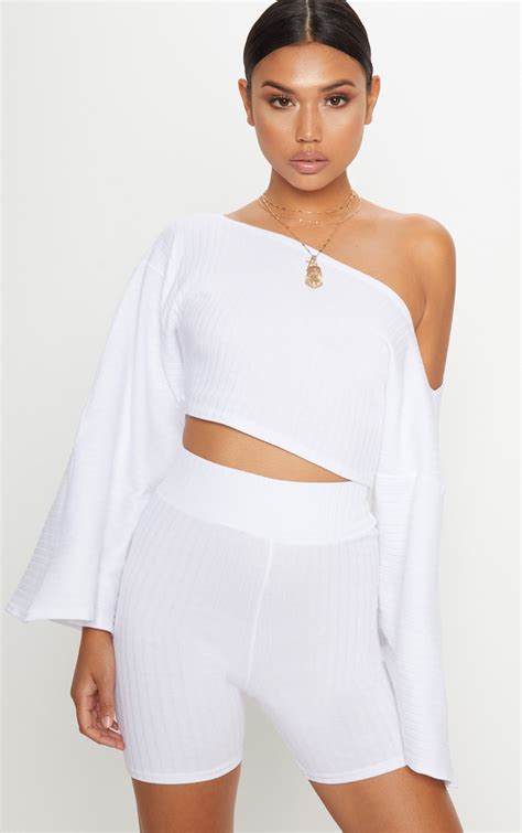 White Rib Off The Shoulder Crop Top Tops Prettylittlething Aus