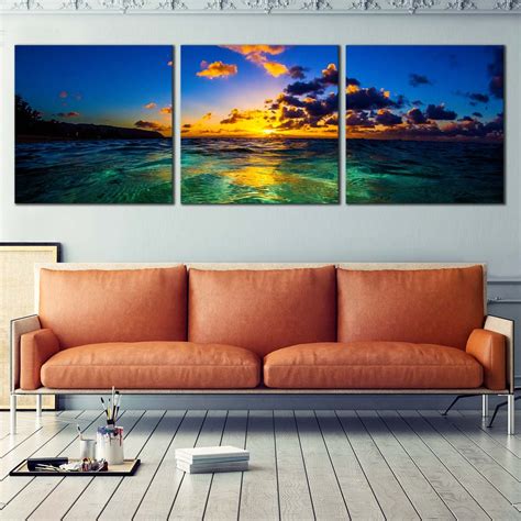 Hawaiian Sunset Canvas Wall Art Blue Ocean Sky Triptych Canvas Print