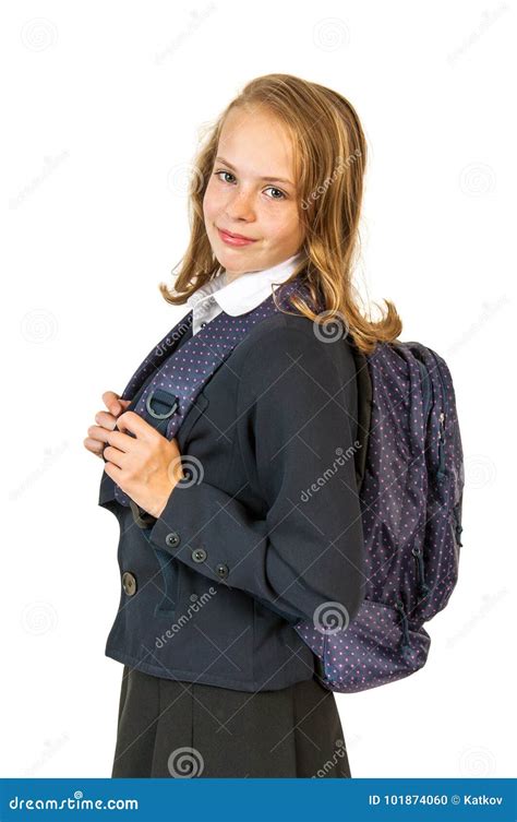 Schoolgirl With Bag Backpack Portrait Of Modern Happy Teen School Girl With Bag Backpack Girl