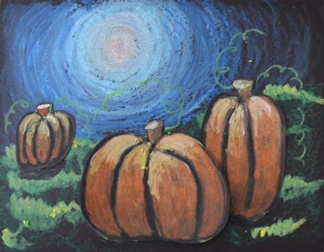 A Painting Of Three Pumpkins In Front Of A Night Sky