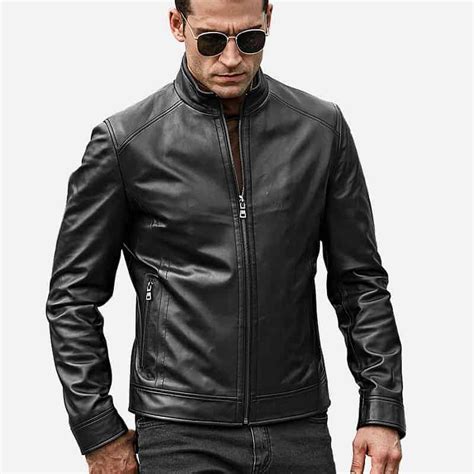 Mens Real Black Leather Jacket With Short Standing Collar Black