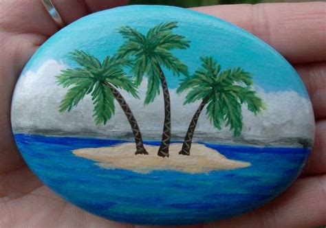 Easy Painted Rocks Idea Beach Scene Palm Trees Sand Rock Painting