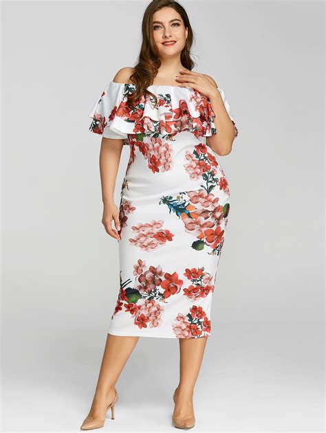 Wipalo Casual Ladies Elegant Bodycon Dress Plus Size 5xl Floral Print Ruffle Dress Off The