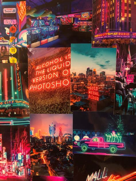 60 Pcs Neon Aesthetic Photo Collage Kit City Nightlife Pink Etsy