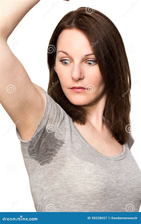 Woman Sweating Very Badly Under Armpit Stock Photo