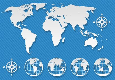 Carte Du Monde Plat Et éléments De Globes Sur Fond Bleu Vecteur Premium