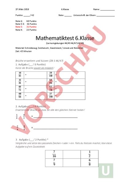 3 klassenarbeiten bruchrechnung zum ausdrucken. Arbeitsblatt: Mathematiktest 6.Klasse Bruchrechnen - Mathematik - Brüche / Dezimalzahlen