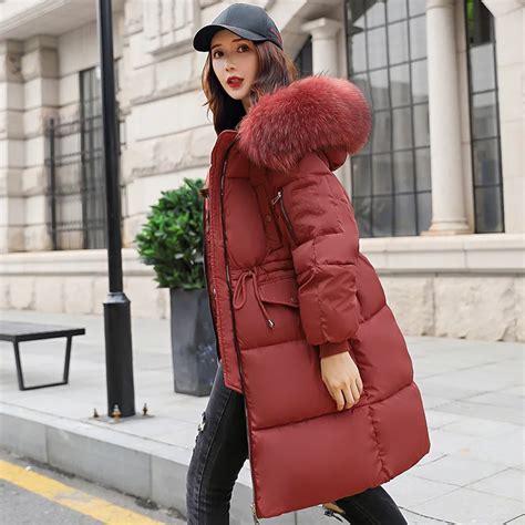 stylish and simple warm space cotton filled women s winter down jacket long slim large fur