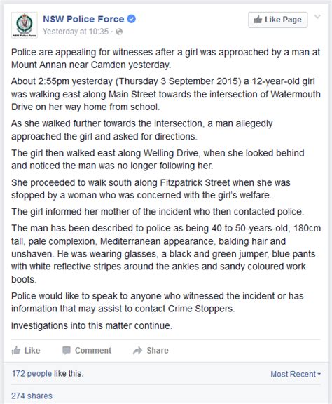 Nsw Police Appeal For Witnesses After Man Asks Girl For Directions Leaves Mensrights