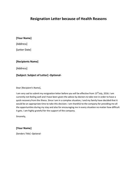 Resignation Letter With Health Reason Templates At