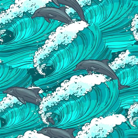 Waves Flowing Water Sketch Sea Ocean And Dolphins Colored Seamless