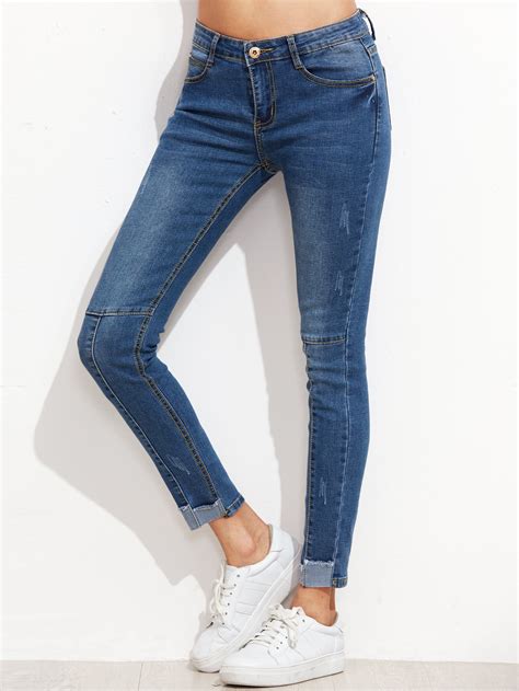 Blue Contrast Trim Skinny Jeans Sheinsheinside