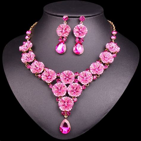 Fashion Pink Flowers Crystal Bridal Jewelry Sets Wedding Party Costume