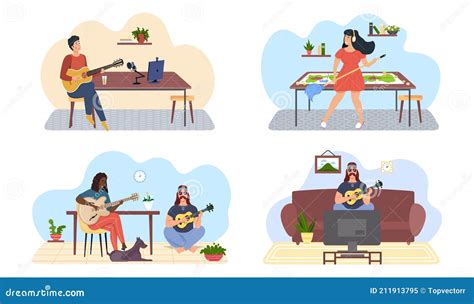 Ensemble Dillustrations Sur Les Musiciens Font Ce Quils Aiment Les Gens Jouent De La Guitare