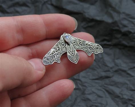 Silver Moth Pendant Hawk Moth Necklace Moonstone Pendant